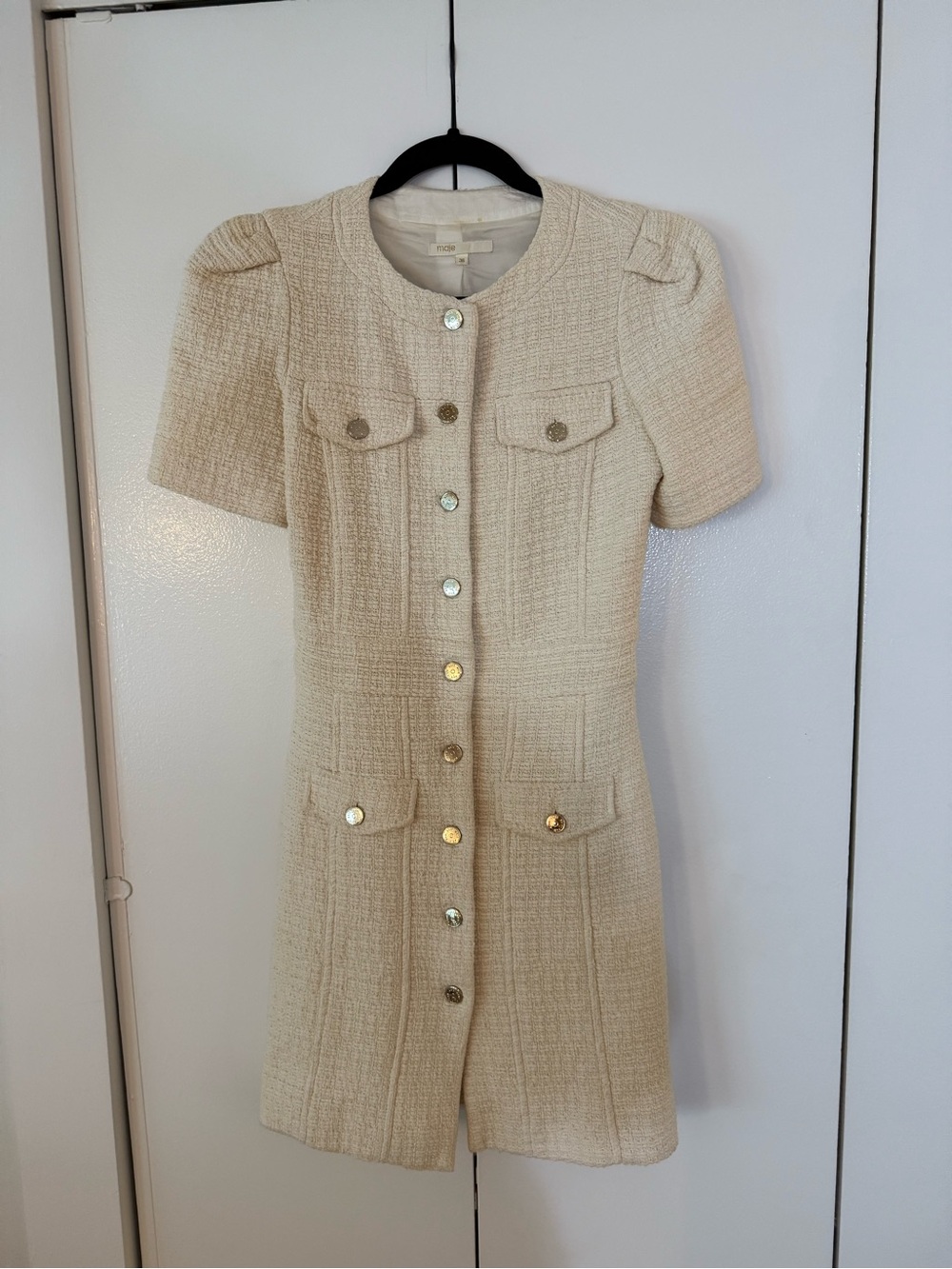Maje Cream Tweed Short-Sleeve Button Front Dress